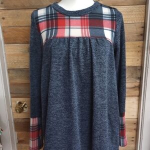 Gorilla Cat Blue Red Plaid Pullover Flare Sweater Long Sleeve Large.